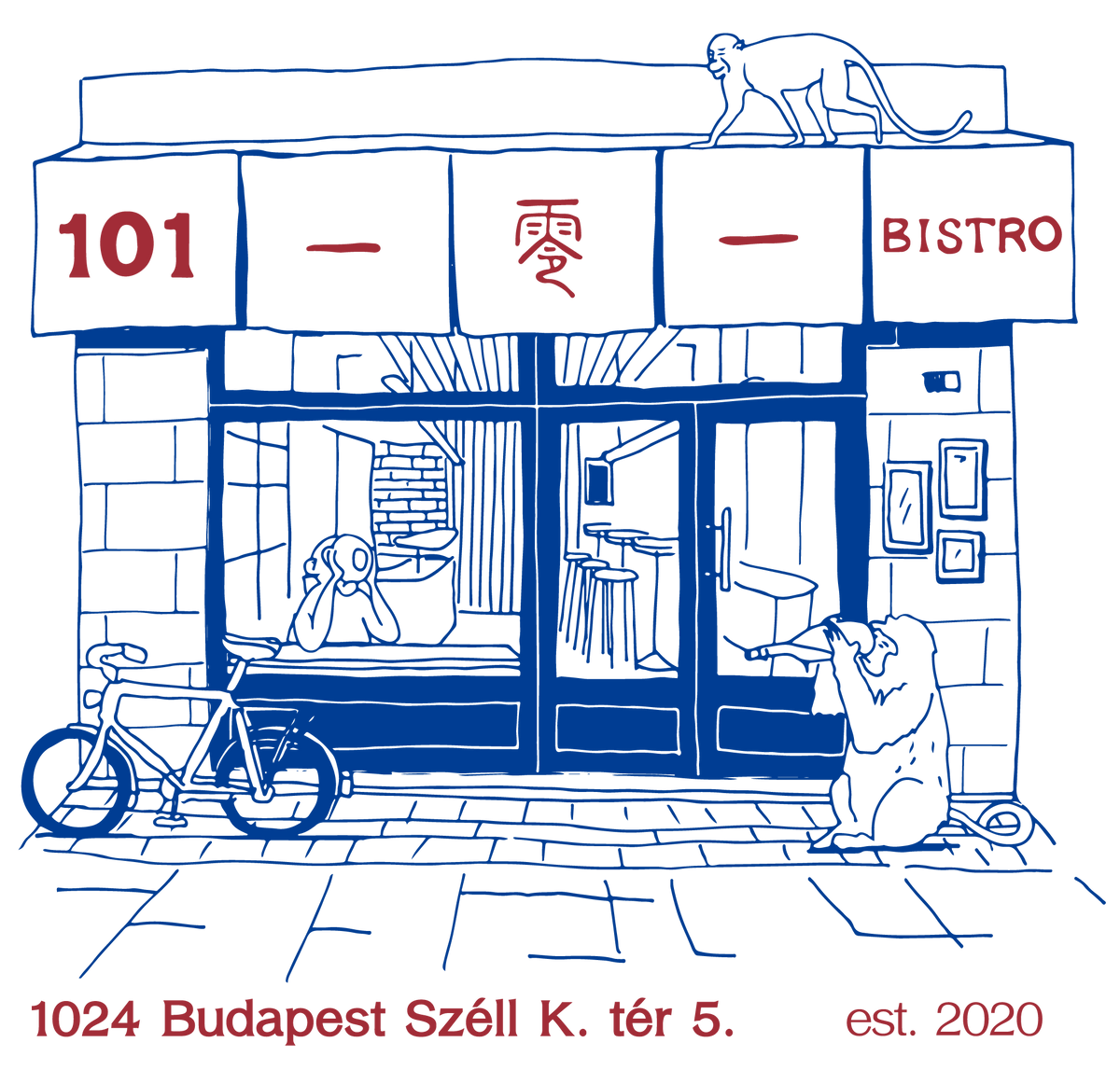 A 101 Bistro kirakatának piros-kék illusztrációja